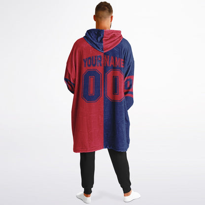 Dark blue and red halftime snug hoodie featuring a symmetrical split design for a dynamic game-day look.