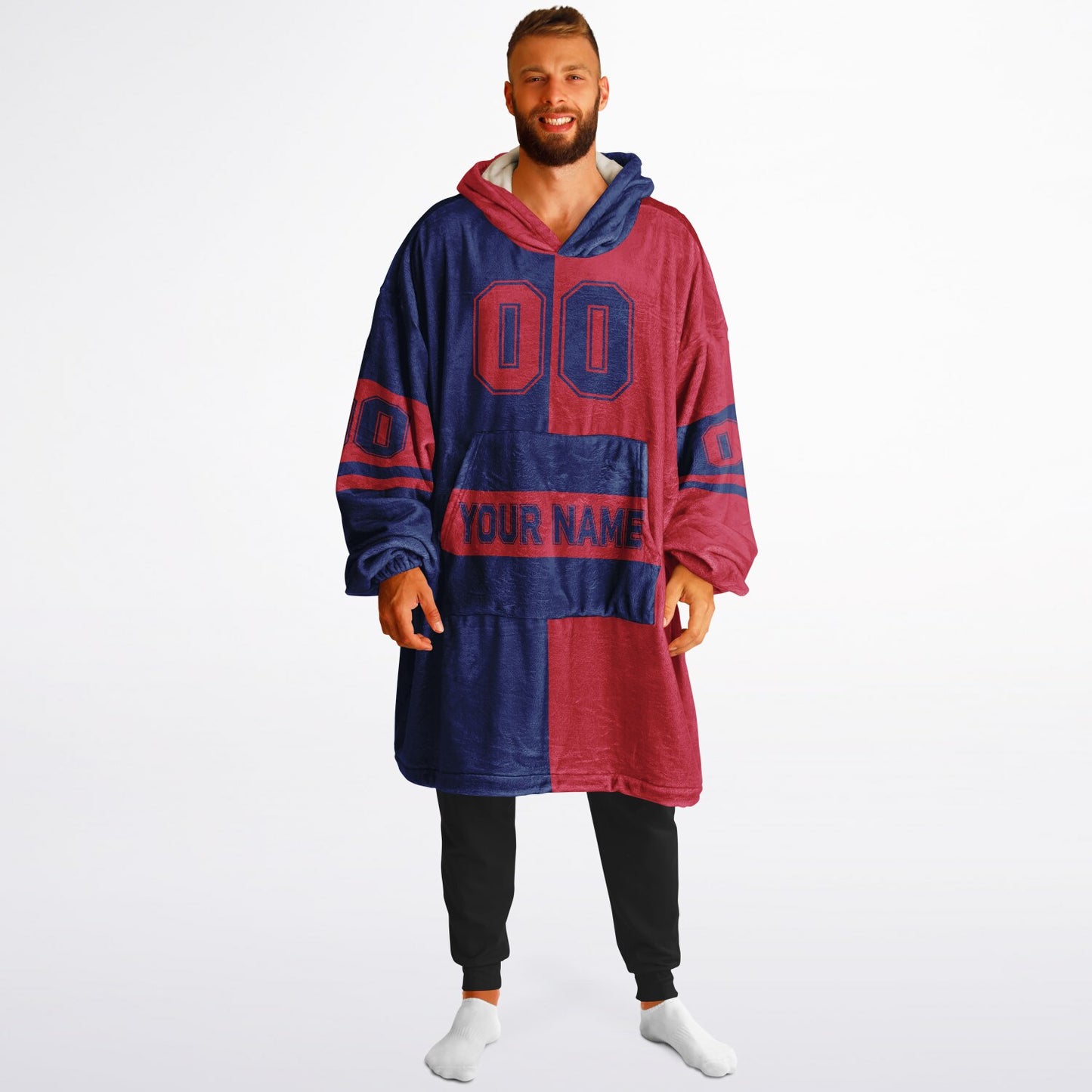 Dark blue and red halftime snug hoodie featuring a symmetrical split design for a dynamic game-day look.