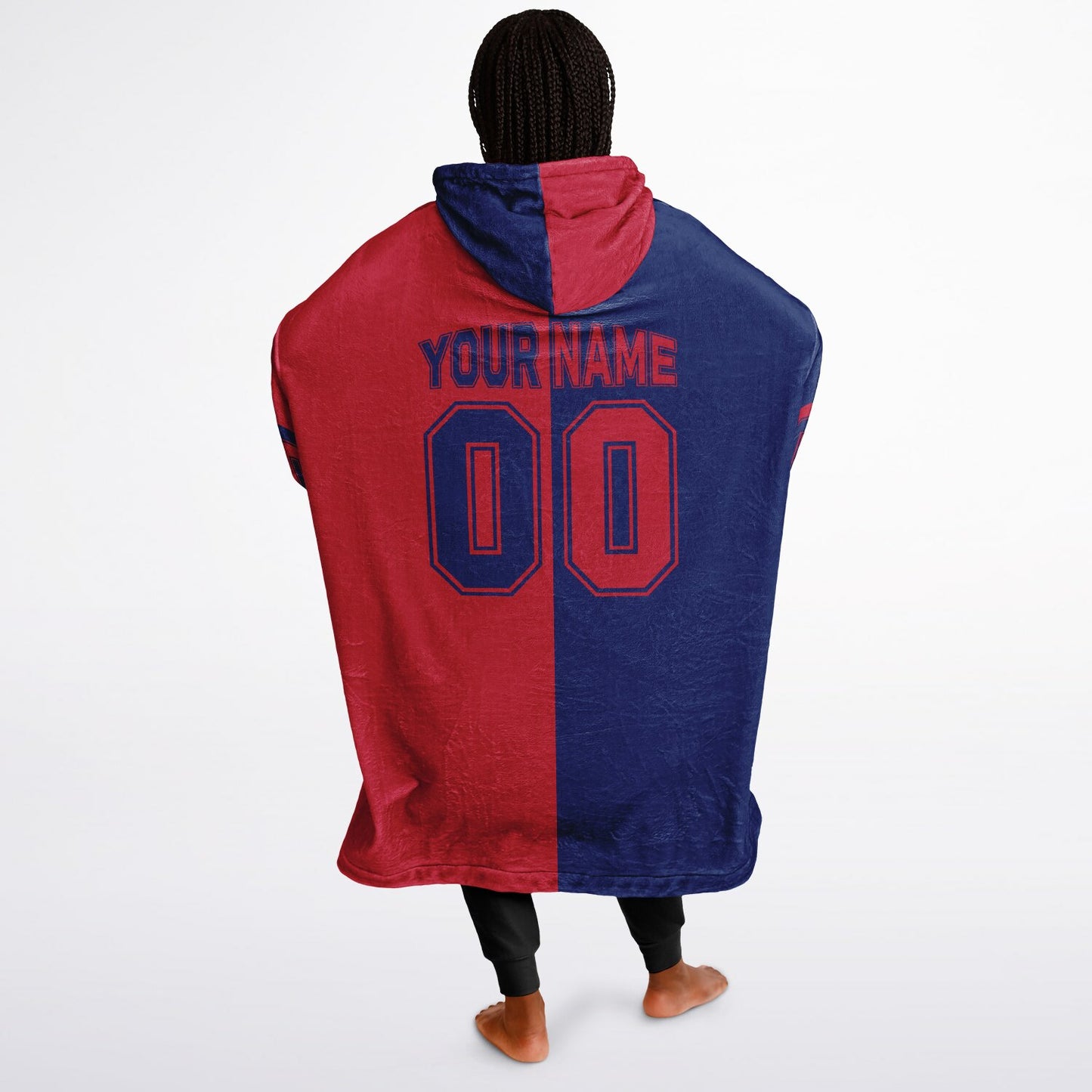 Dark blue and red halftime snug hoodie featuring a symmetrical split design for a dynamic game-day look.