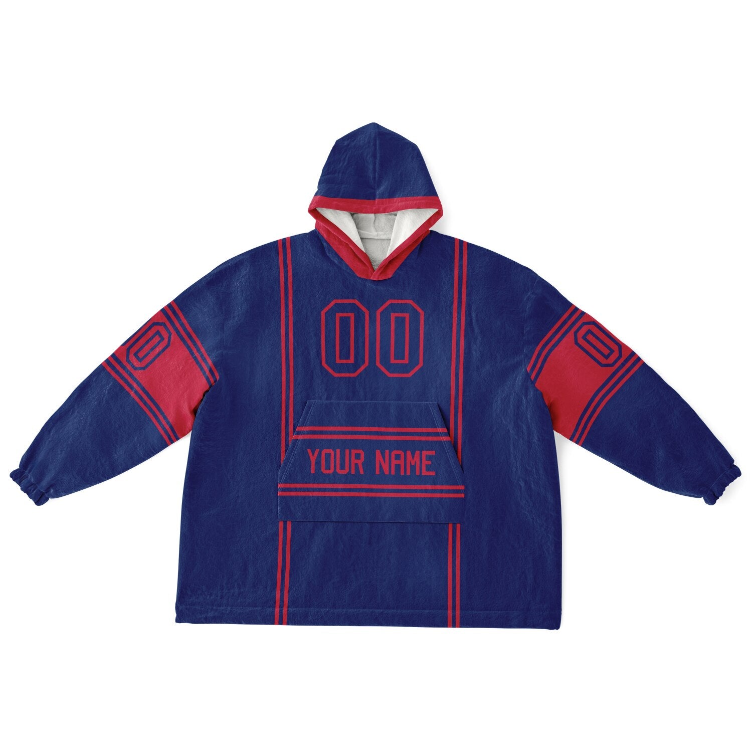 Dark blue and red lineup snug hoodie featuring sleek line-art details and minimalist team-inspired design.