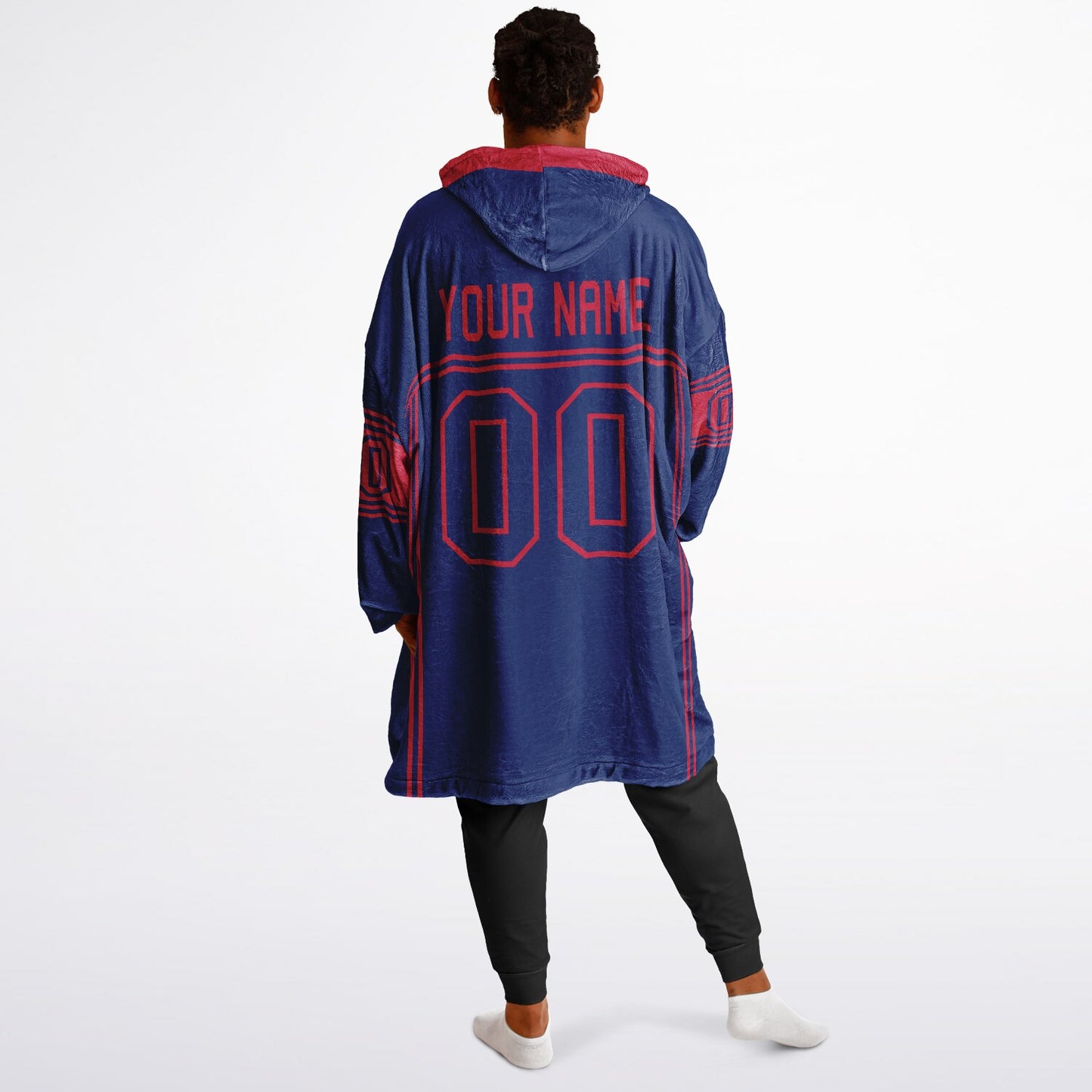 Dark blue and red lineup snug hoodie featuring sleek line-art details and minimalist team-inspired design.