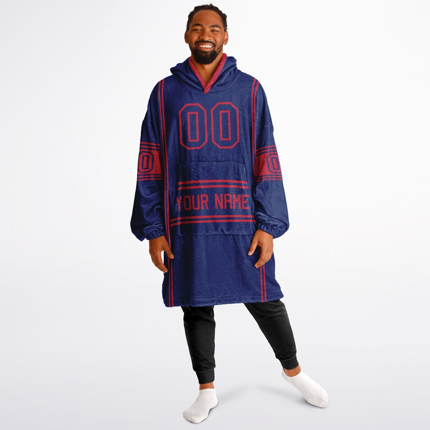 Dark blue and red lineup snug hoodie featuring sleek line-art details and minimalist team-inspired design.