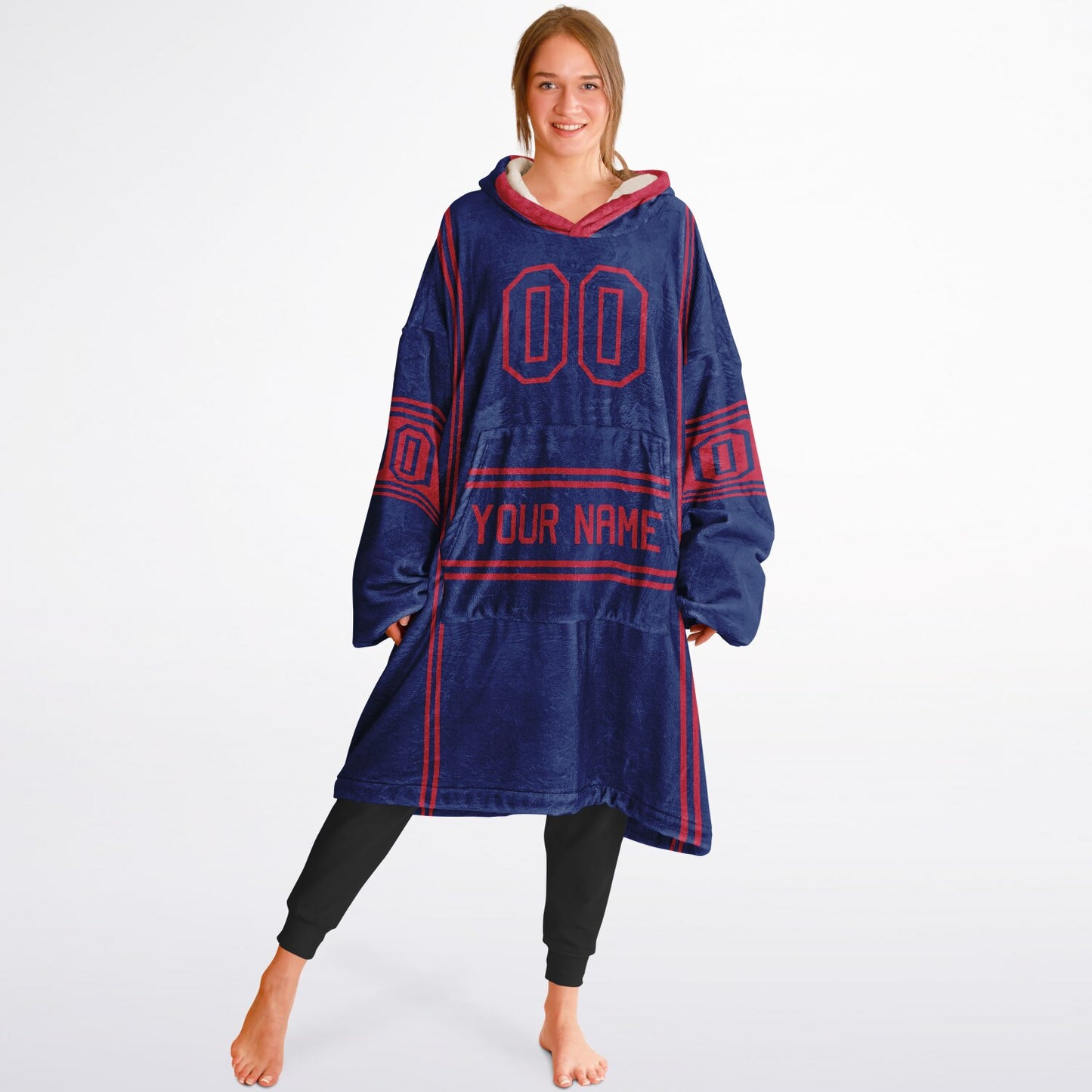 Dark blue and red lineup snug hoodie featuring sleek line-art details and minimalist team-inspired design.