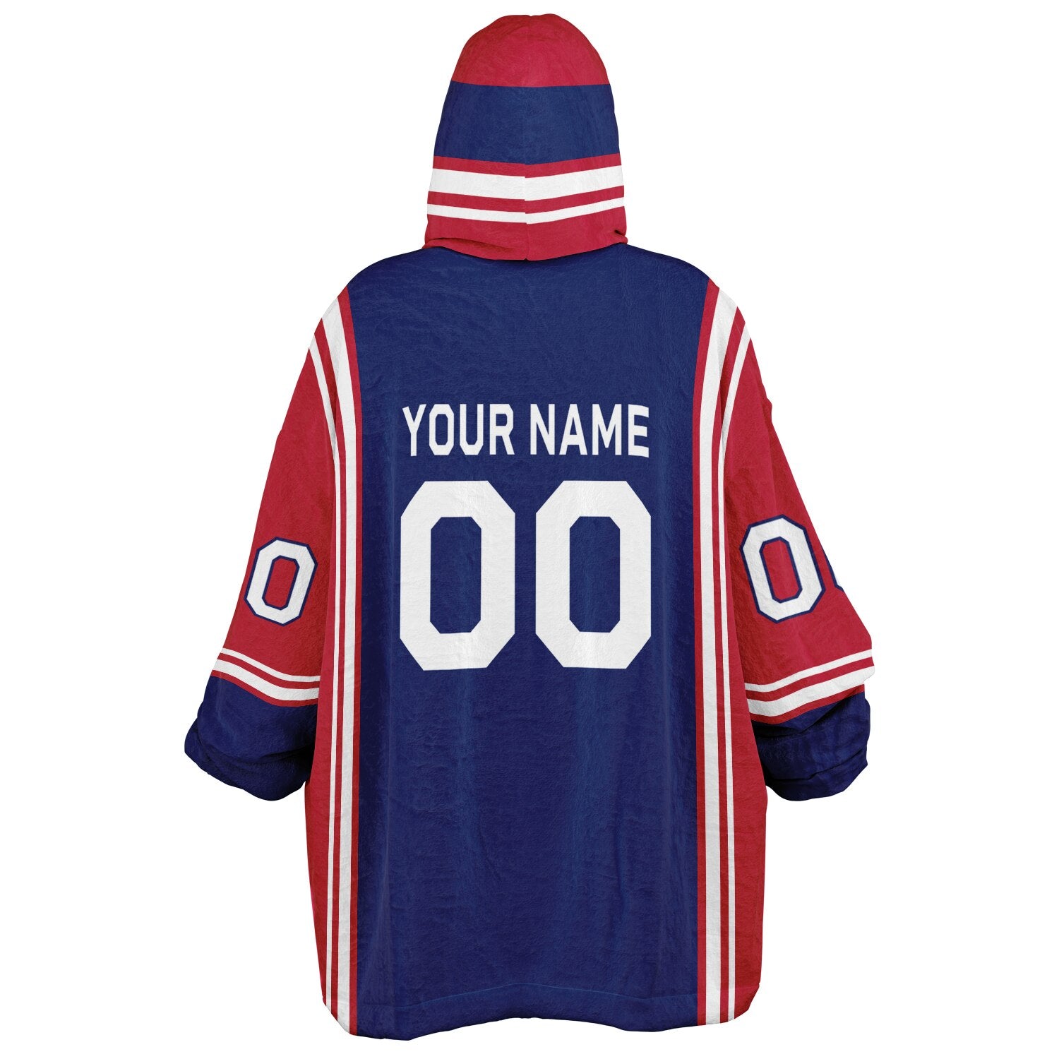 Dark blue, red, and white bold snug hoodie with triple color blocking and a sporty aesthetic.