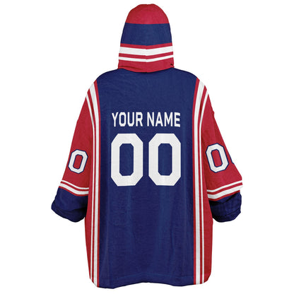 Dark blue, red, and white bold snug hoodie with triple color blocking and a sporty aesthetic.