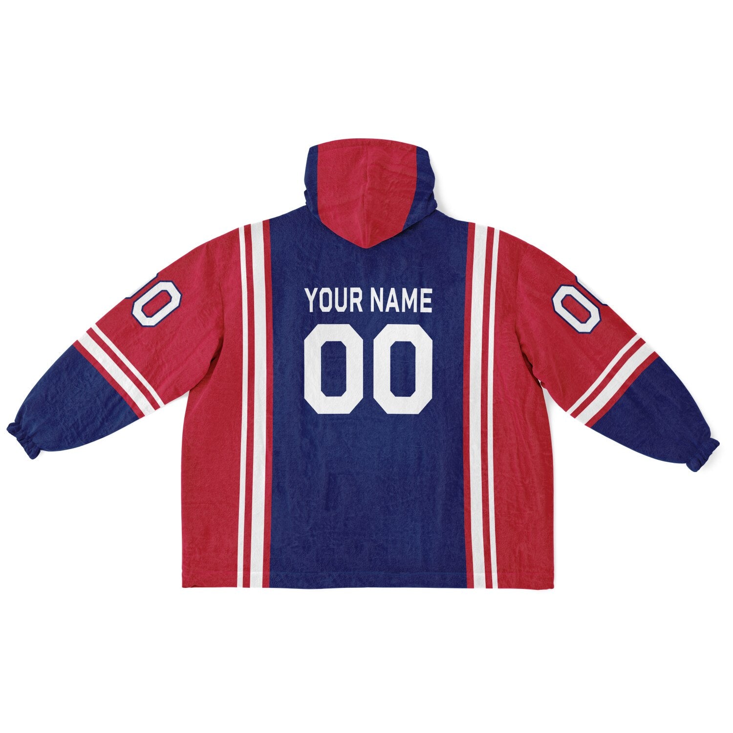 Dark blue, red, and white bold snug hoodie with triple color blocking and a sporty aesthetic.