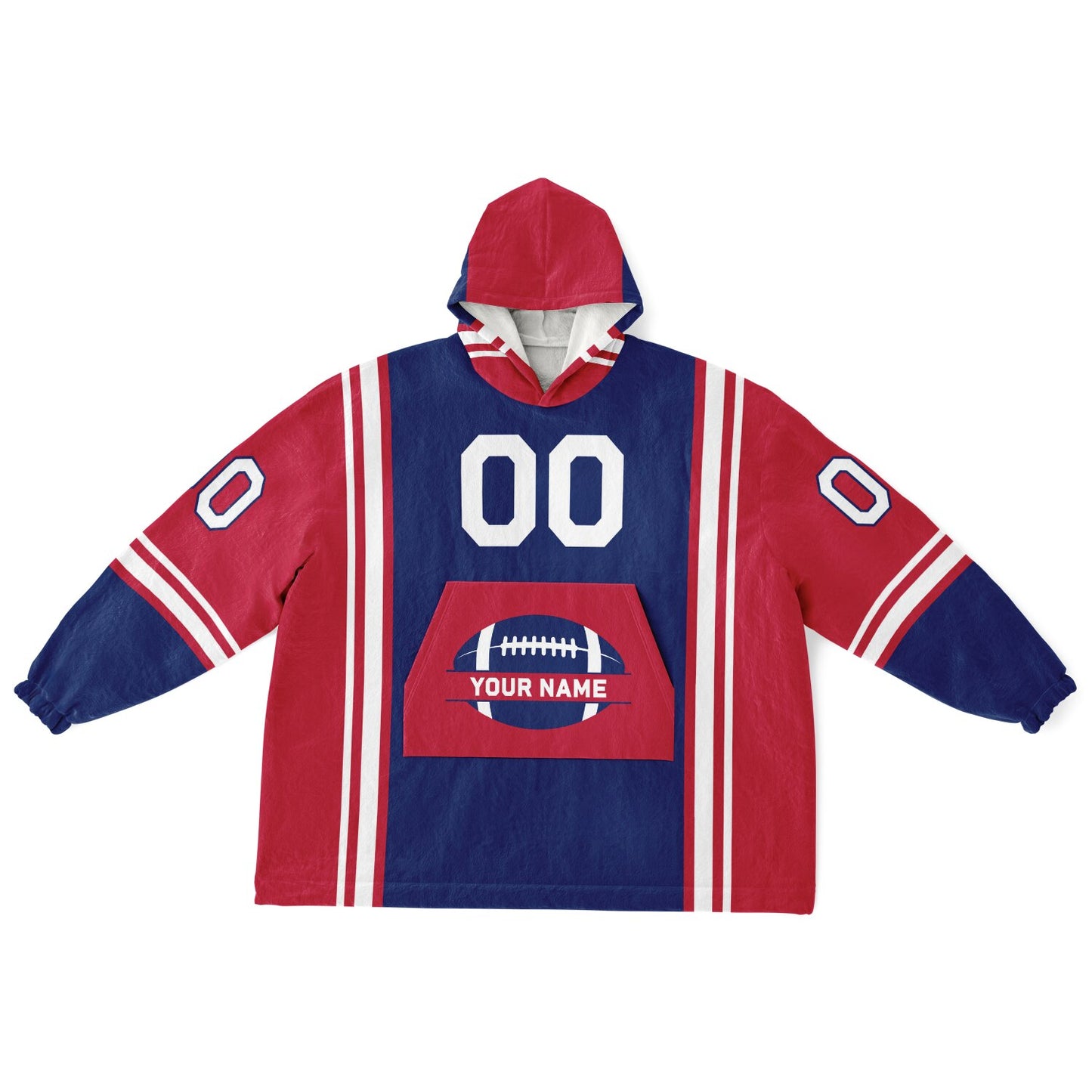 Dark blue, red, and white bold snug hoodie with triple color blocking and a sporty aesthetic.