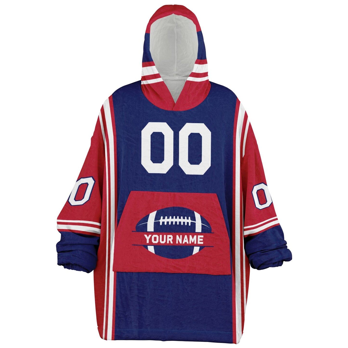 Dark blue, red, and white bold snug hoodie with triple color blocking and a sporty aesthetic.