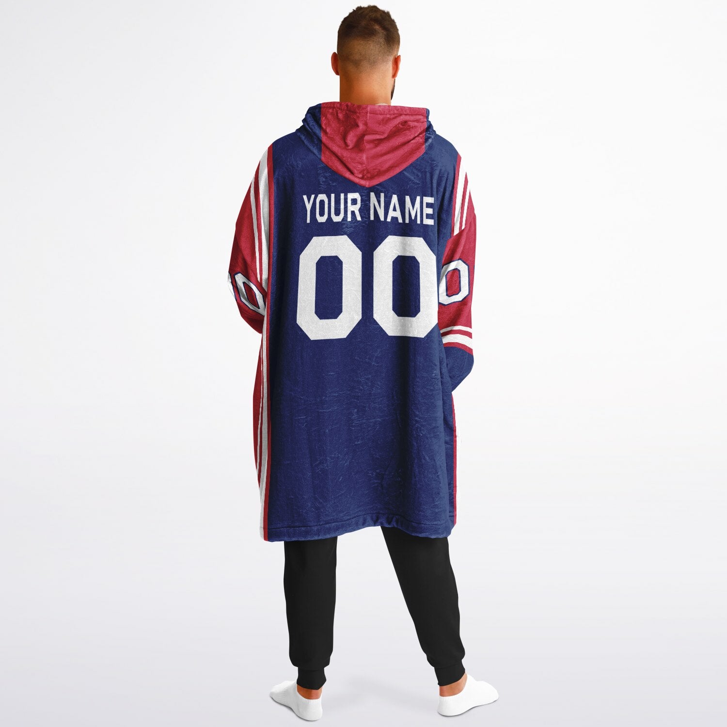 Dark blue, red, and white bold snug hoodie with triple color blocking and a sporty aesthetic.