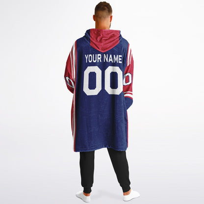 Dark blue, red, and white bold snug hoodie with triple color blocking and a sporty aesthetic.