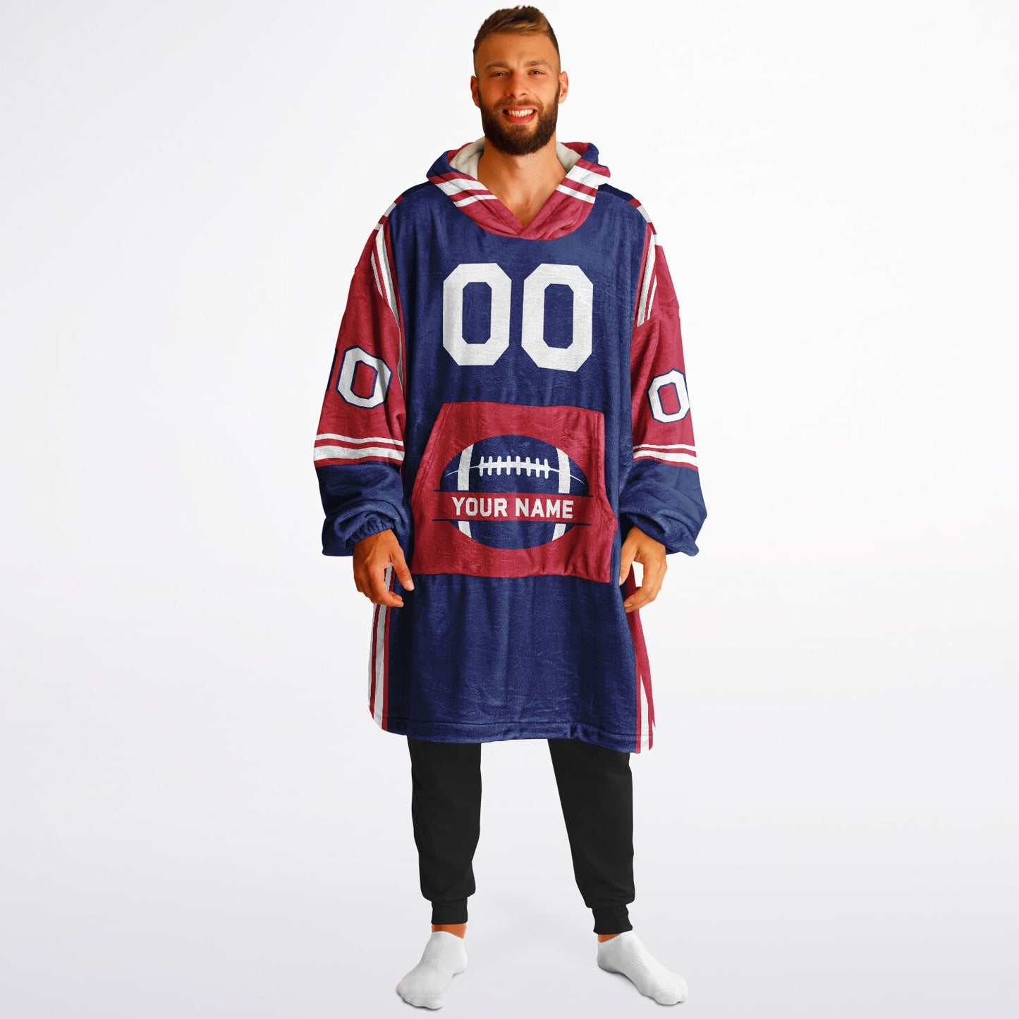 Dark blue, red, and white bold snug hoodie with triple color blocking and a sporty aesthetic.