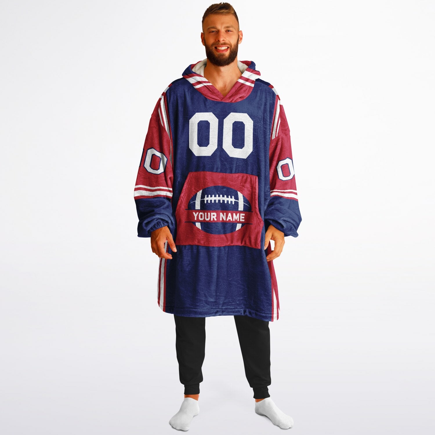 Dark blue, red, and white bold snug hoodie with triple color blocking and a sporty aesthetic.