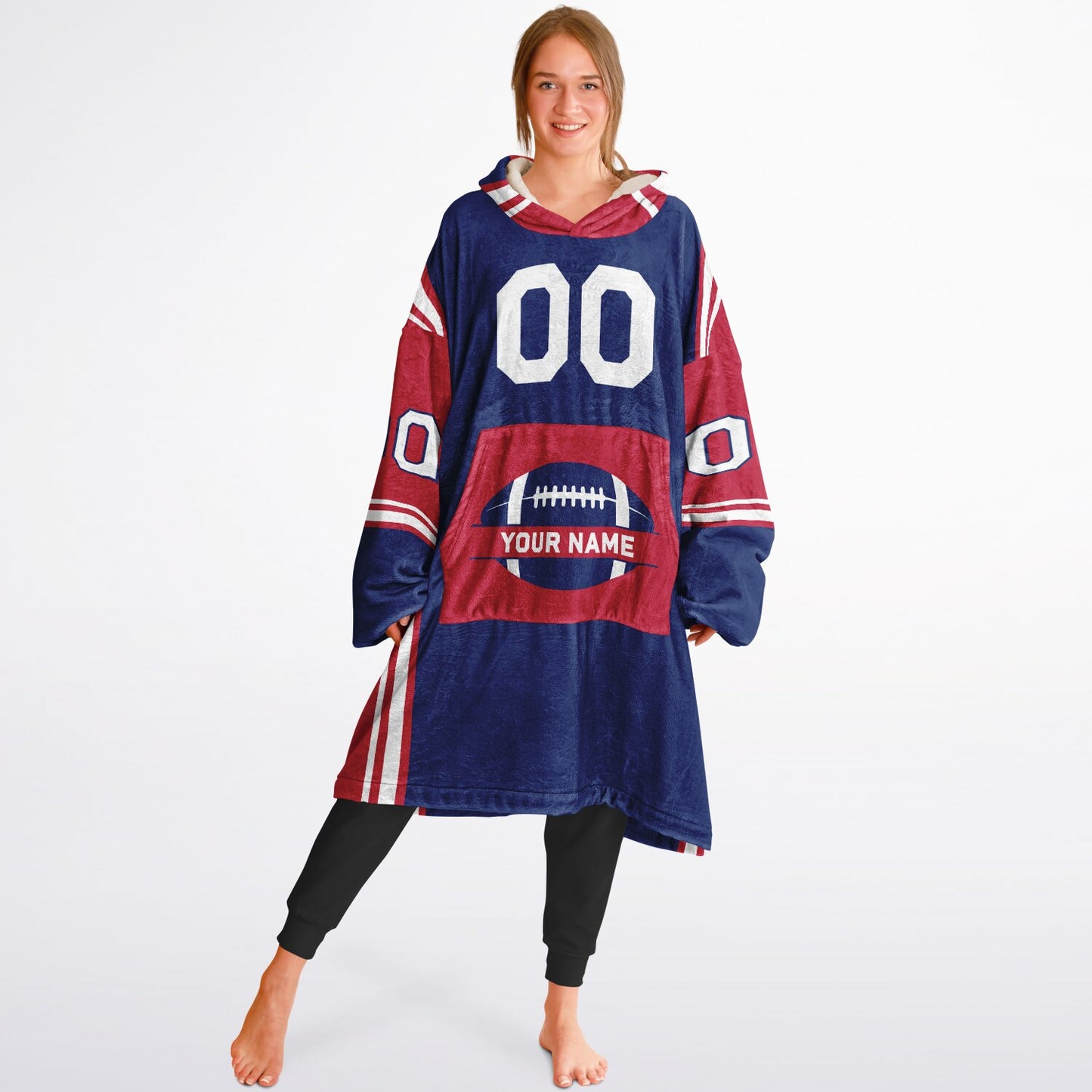 Dark blue, red, and white bold snug hoodie with triple color blocking and a sporty aesthetic.