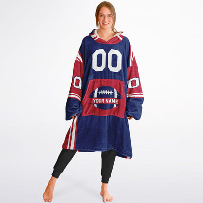 Dark blue, red, and white bold snug hoodie with triple color blocking and a sporty aesthetic.