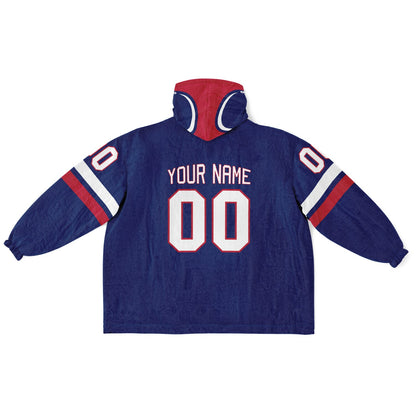 Dark blue, red, and white classic snug hoodie featuring authentic jersey striping and personalized number details.