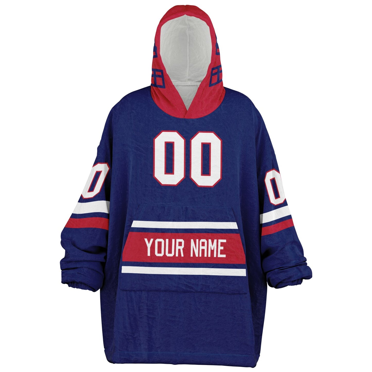 Dark blue, red, and white classic snug hoodie featuring authentic jersey striping and personalized number details.
