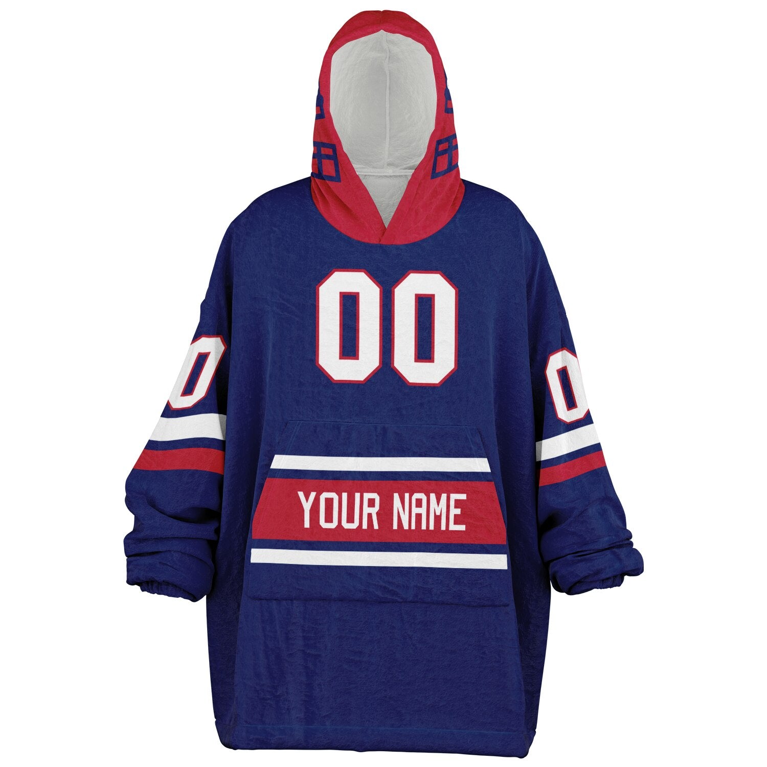 Dark blue, red, and white classic snug hoodie featuring authentic jersey striping and personalized number details.