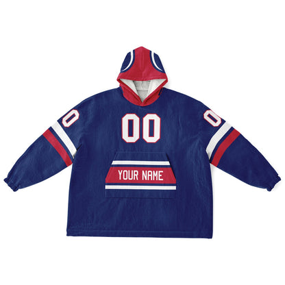 Dark blue, red, and white classic snug hoodie featuring authentic jersey striping and personalized number details.