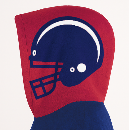 Dark blue, red, and white classic snug hoodie featuring authentic jersey striping and personalized number details.