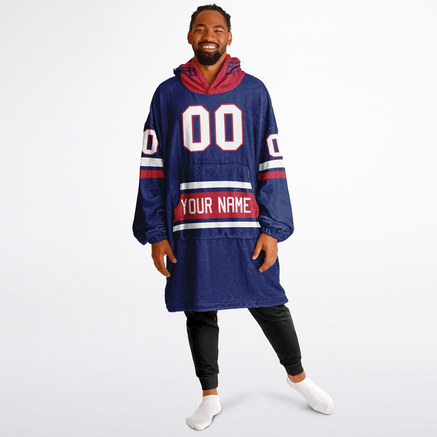 Dark blue, red, and white classic snug hoodie featuring authentic jersey striping and personalized number details.