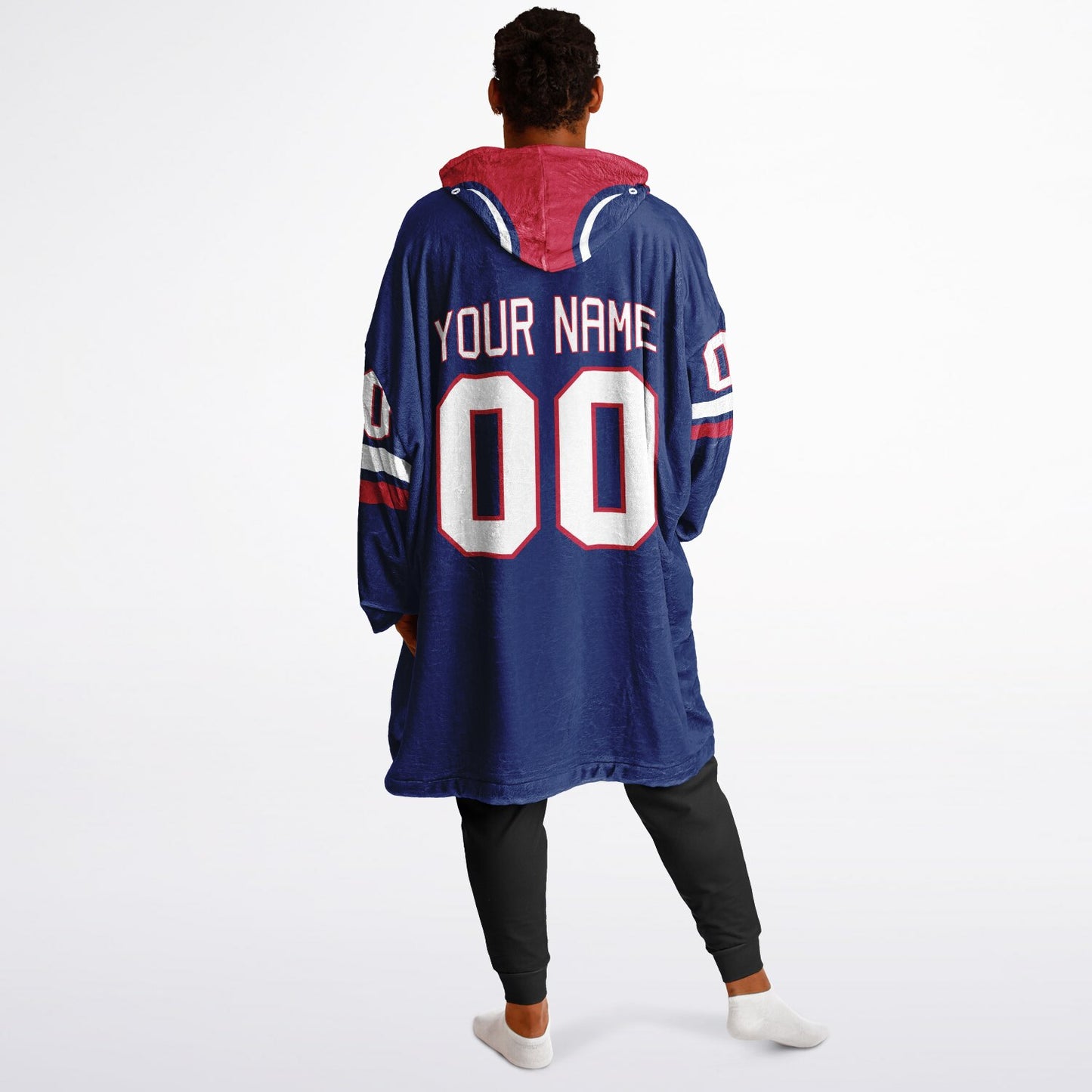 Dark blue, red, and white classic snug hoodie featuring authentic jersey striping and personalized number details.