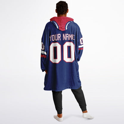 Dark blue, red, and white classic snug hoodie featuring authentic jersey striping and personalized number details.