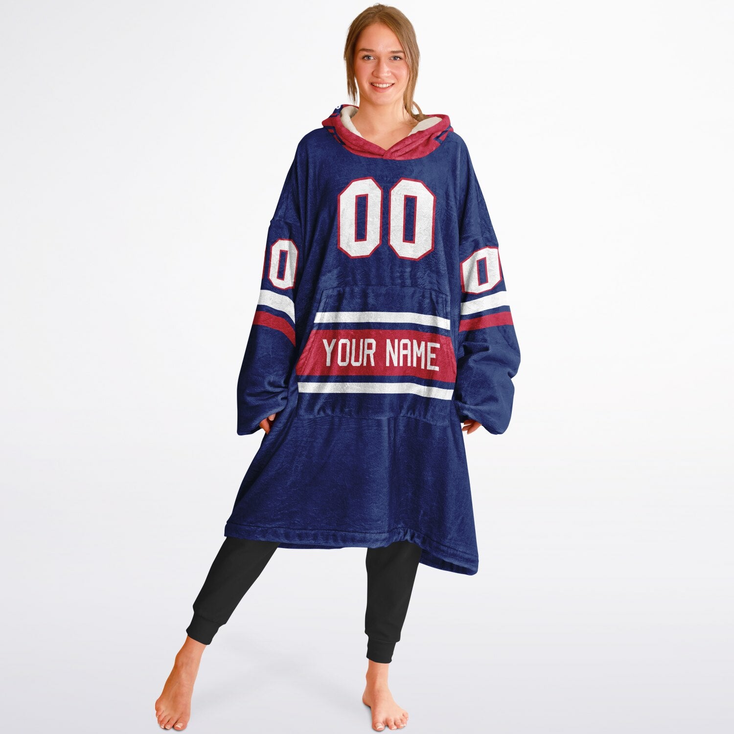 Dark blue, red, and white classic snug hoodie featuring authentic jersey striping and personalized number details.