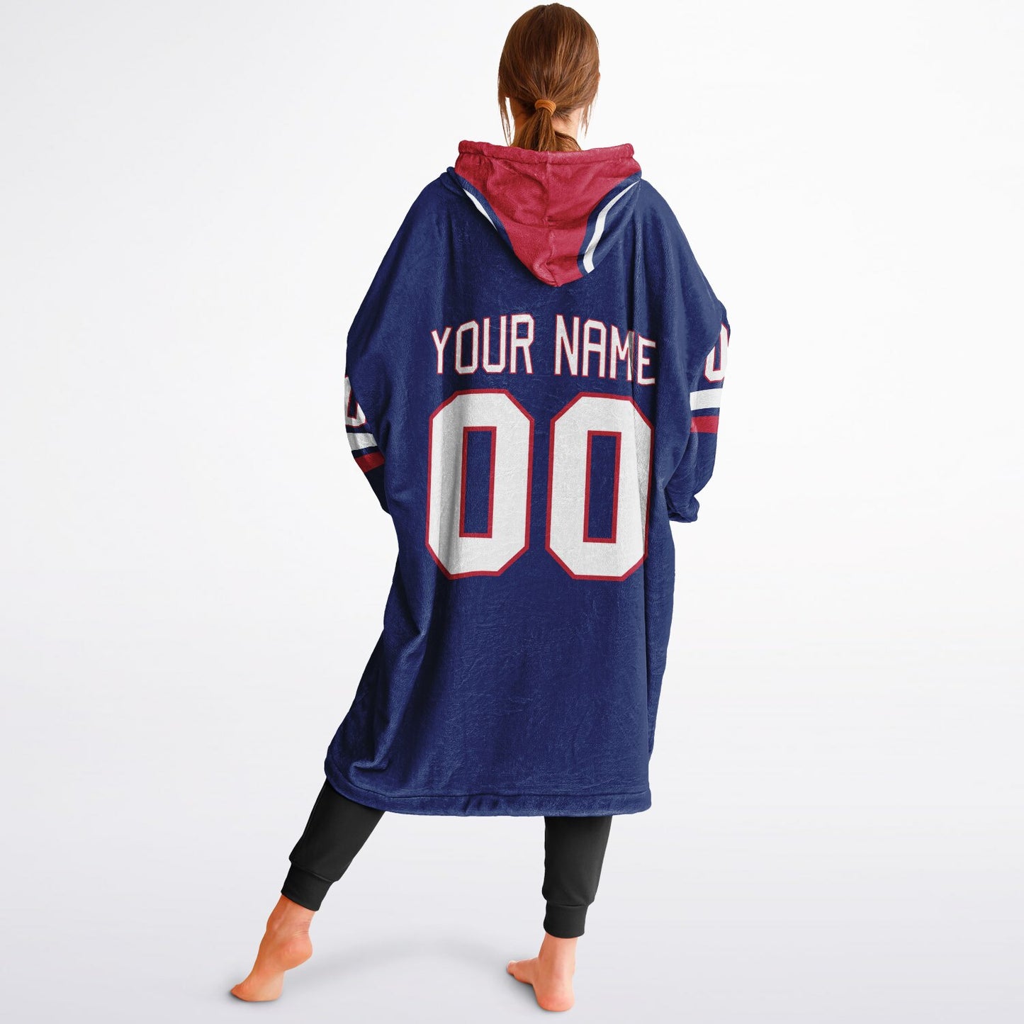 Dark blue, red, and white classic snug hoodie featuring authentic jersey striping and personalized number details.