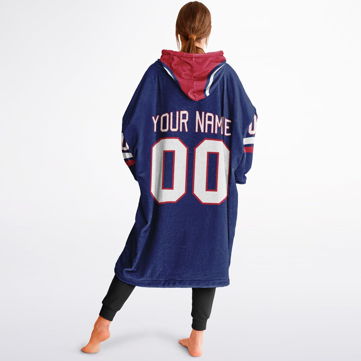 Dark blue, red, and white classic snug hoodie featuring authentic jersey striping and personalized number details.