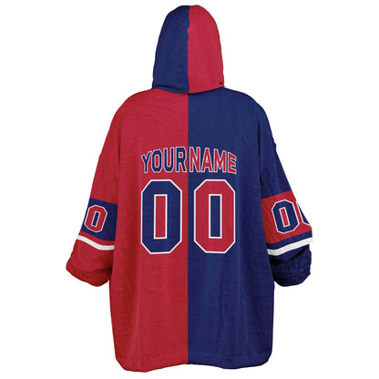 Dark blue, red, and white halftime snug hoodie with three-tone split design and cozy fleece texture.