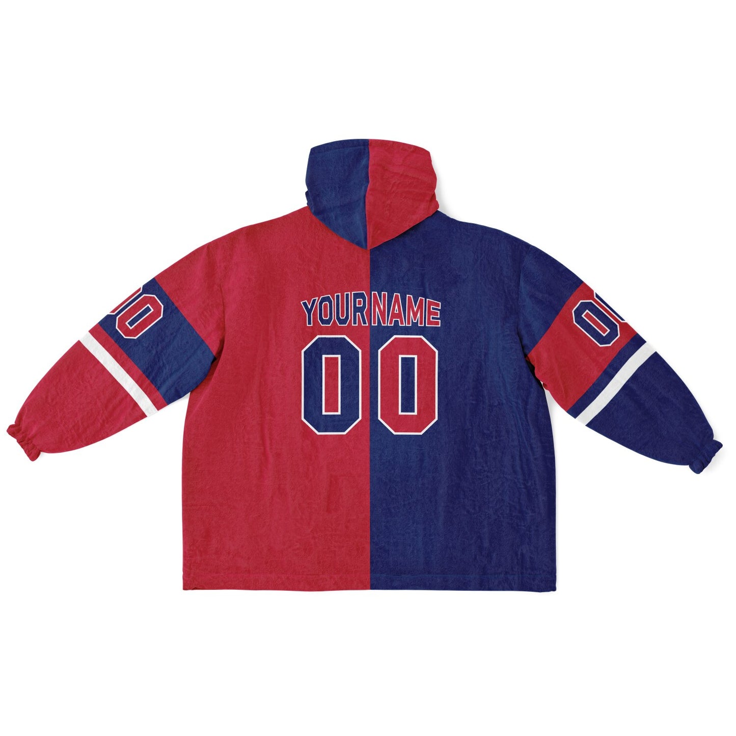 Dark blue, red, and white halftime snug hoodie with three-tone split design and cozy fleece texture.