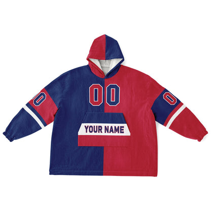 Dark blue, red, and white halftime snug hoodie with three-tone split design and cozy fleece texture.