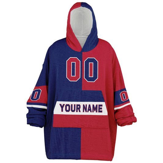 Dark blue, red, and white halftime snug hoodie with three-tone split design and cozy fleece texture.