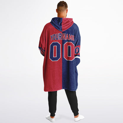Dark blue, red, and white halftime snug hoodie with three-tone split design and cozy fleece texture.