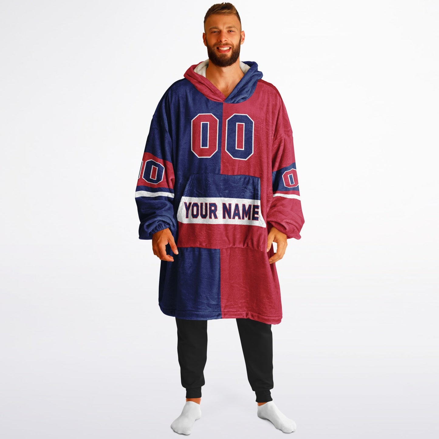 Dark blue, red, and white halftime snug hoodie with three-tone split design and cozy fleece texture.