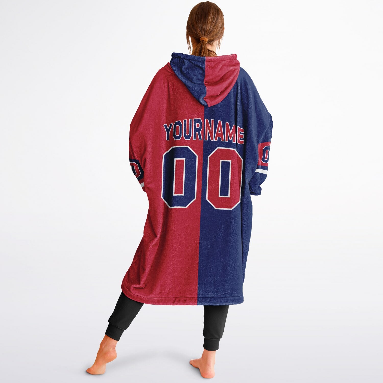 Dark blue, red, and white halftime snug hoodie with three-tone split design and cozy fleece texture.
