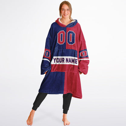 Dark blue, red, and white halftime snug hoodie with three-tone split design and cozy fleece texture.