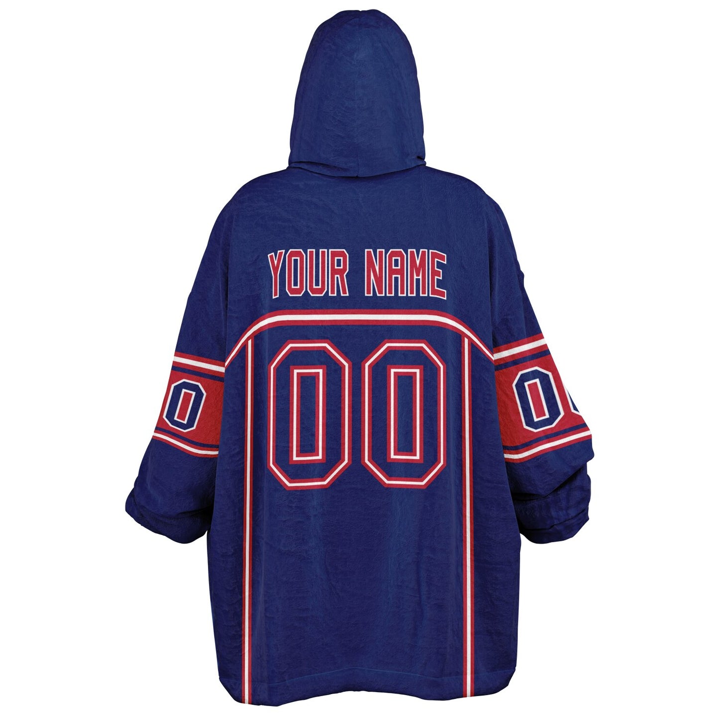 Dark blue, red, and white lineup snug hoodie with clean line work and subtle jersey influence.