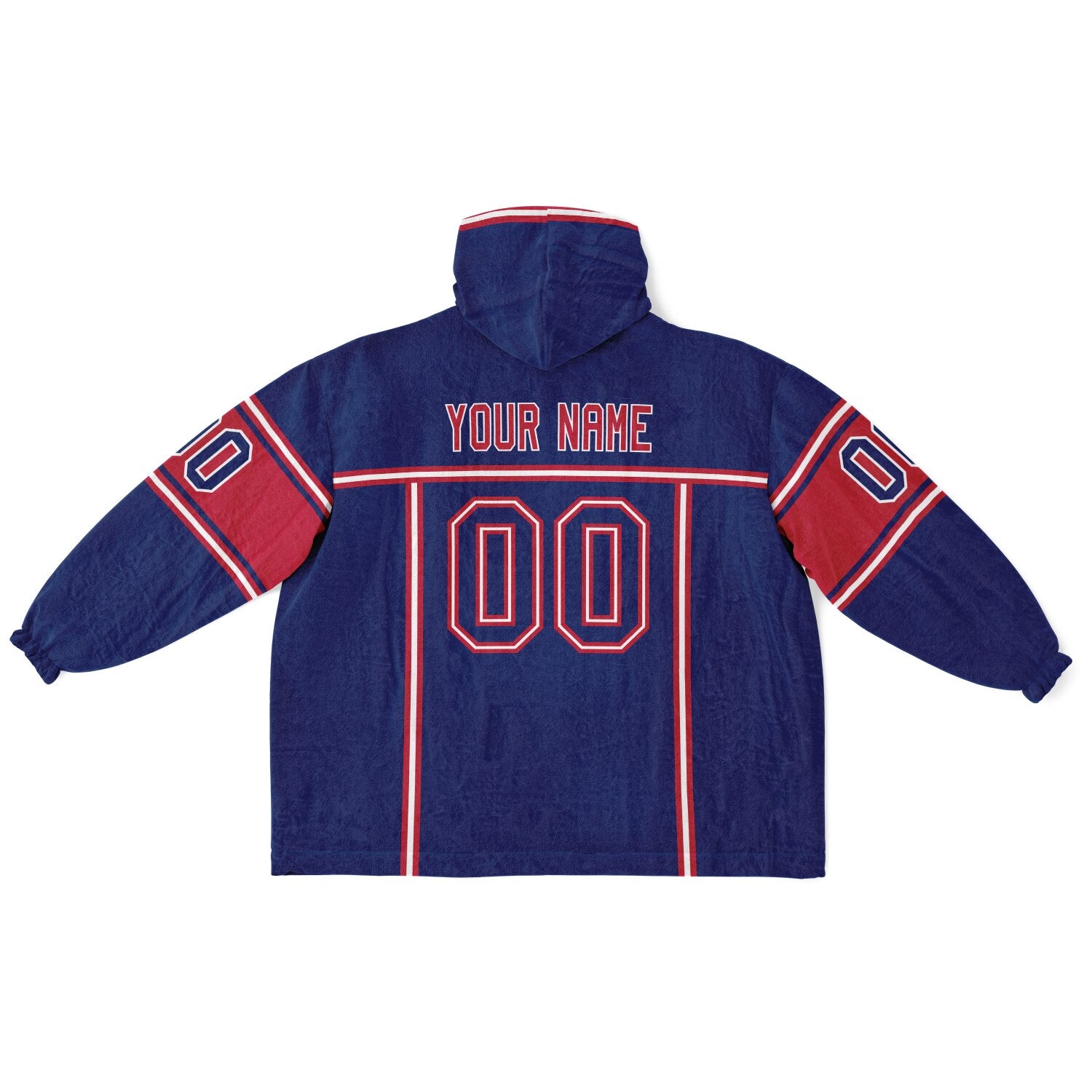 Dark blue, red, and white lineup snug hoodie with clean line work and subtle jersey influence.