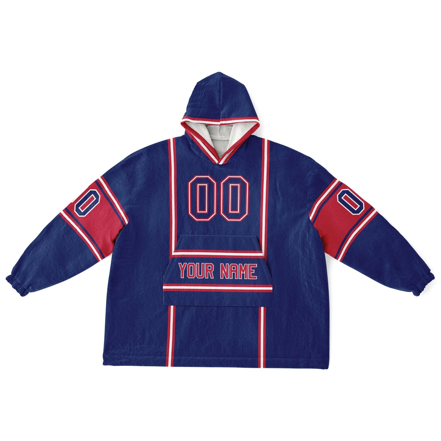 Dark blue, red, and white lineup snug hoodie with clean line work and subtle jersey influence.
