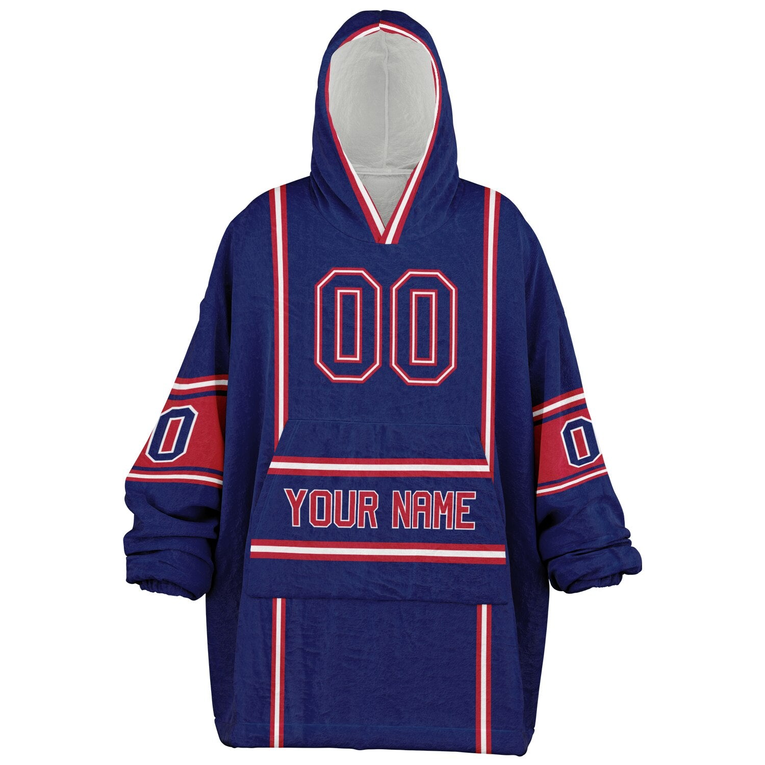 Dark blue, red, and white lineup snug hoodie with clean line work and subtle jersey influence.