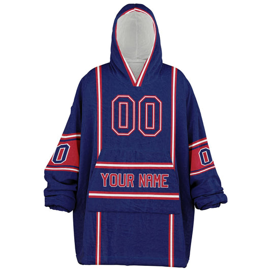 Dark blue, red, and white lineup snug hoodie with clean line work and subtle jersey influence.