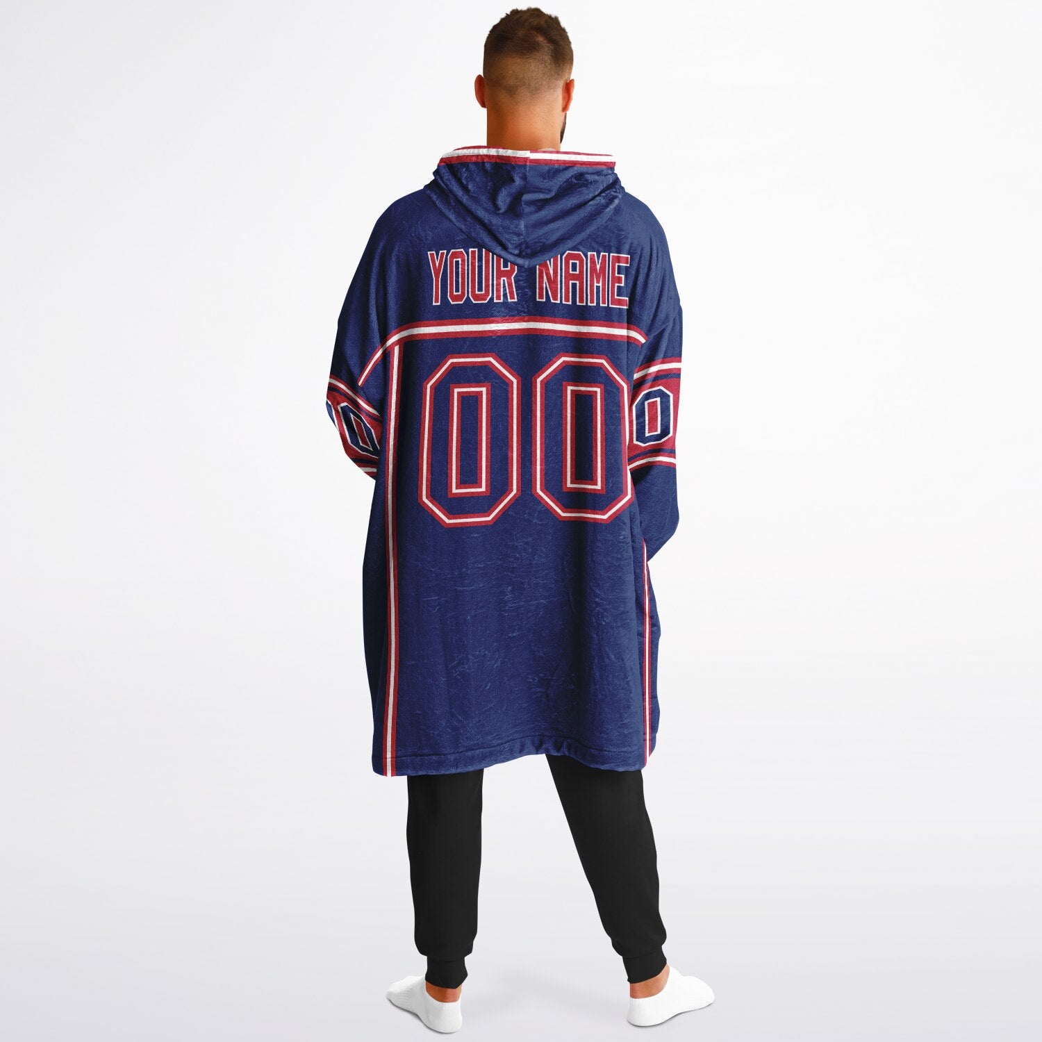 Dark blue, red, and white lineup snug hoodie with clean line work and subtle jersey influence.