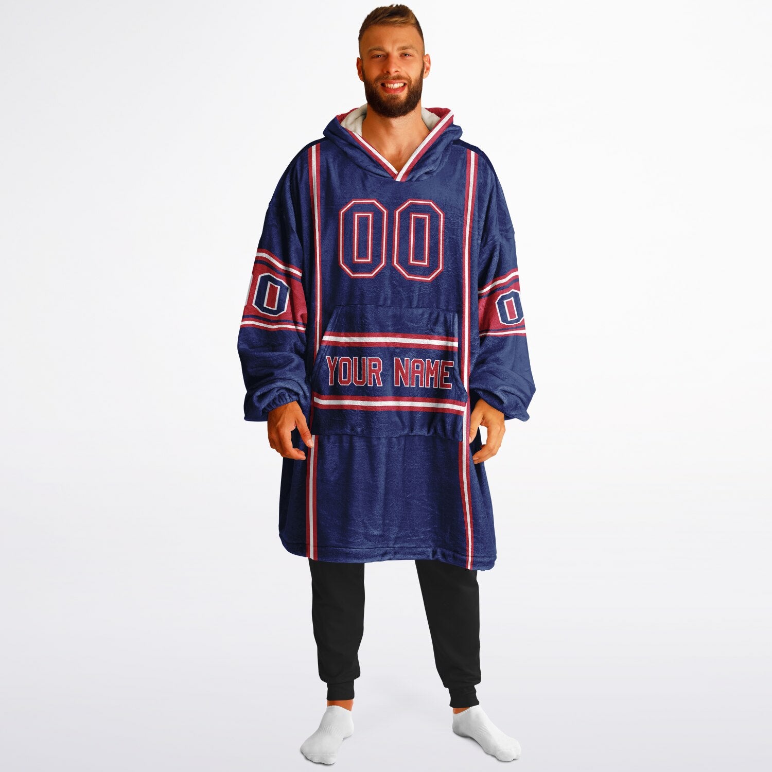 Dark blue, red, and white lineup snug hoodie with clean line work and subtle jersey influence.