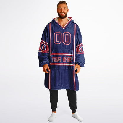 Dark blue, red, and white lineup snug hoodie with clean line work and subtle jersey influence.