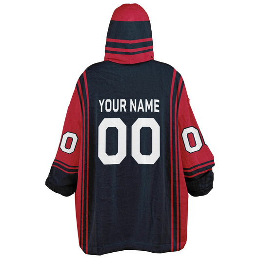 Deep steel blue and red bold snug hoodie with modern color-block design and soft loungewear fit.