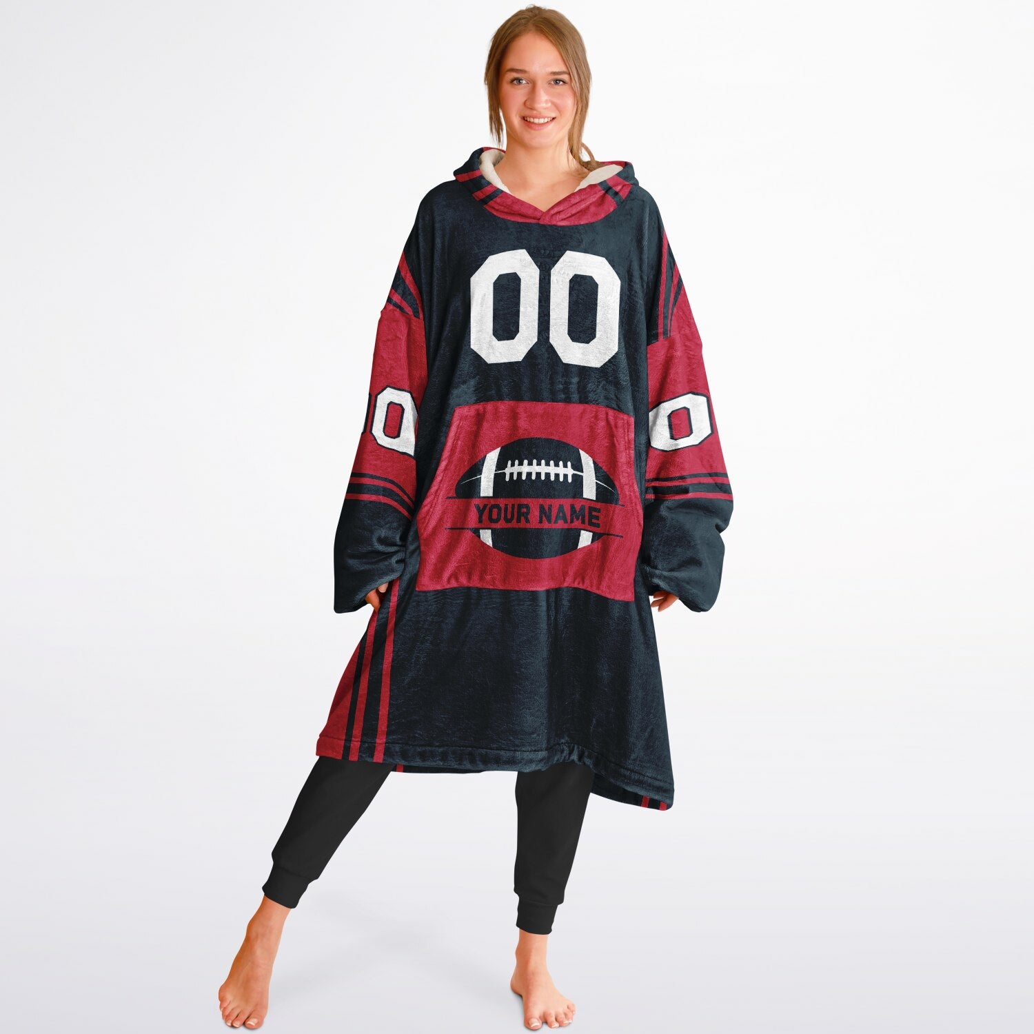 Deep steel blue and red bold snug hoodie with modern color-block design and soft loungewear fit.
