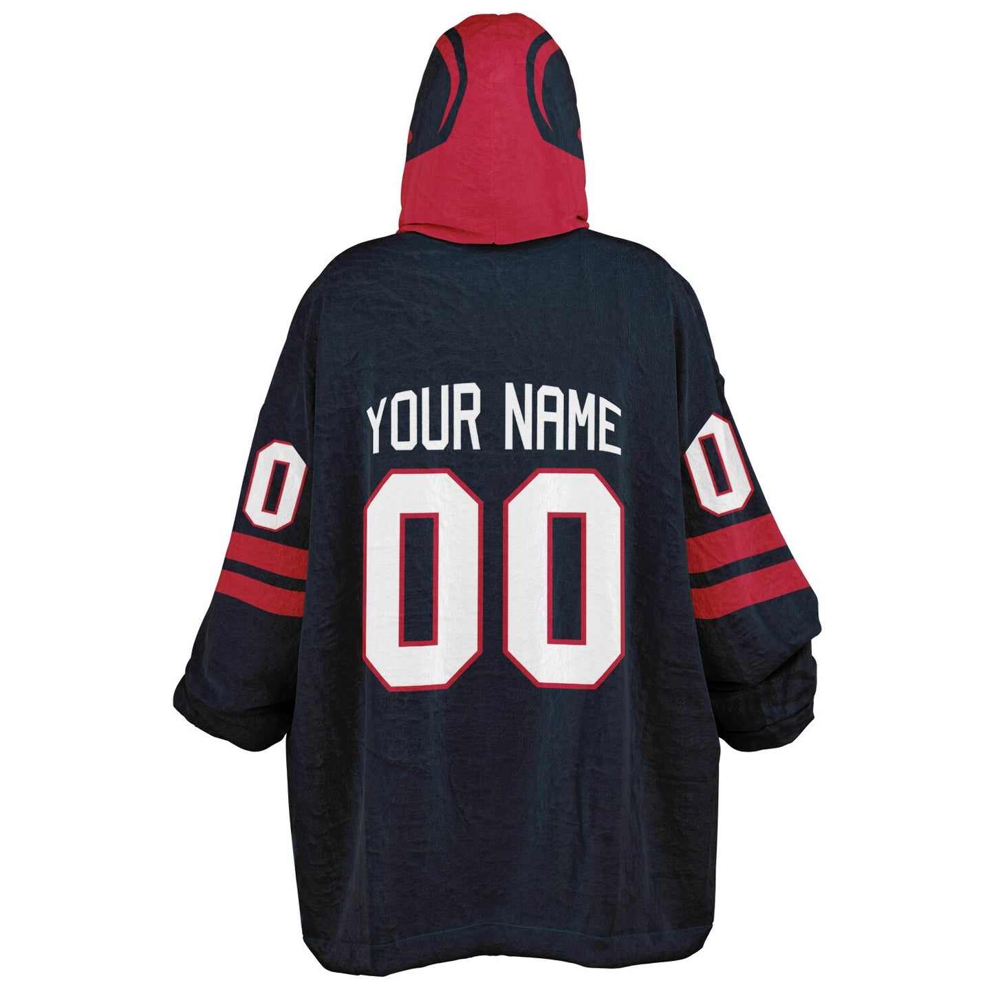 Deep steel blue and red classic snug hoodie featuring jersey-style stripes and personalized name and number.