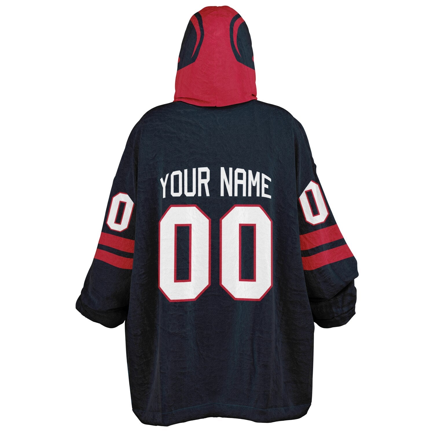 Deep steel blue and red classic snug hoodie featuring jersey-style stripes and personalized name and number.