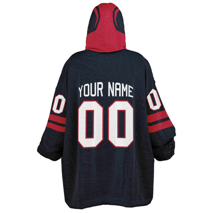 Deep steel blue and red classic snug hoodie featuring jersey-style stripes and personalized name and number.